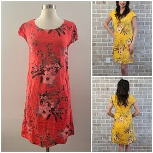 Angela Mara Linen Dress Women's S Coral Pockets Floral Tropical Made in Italy